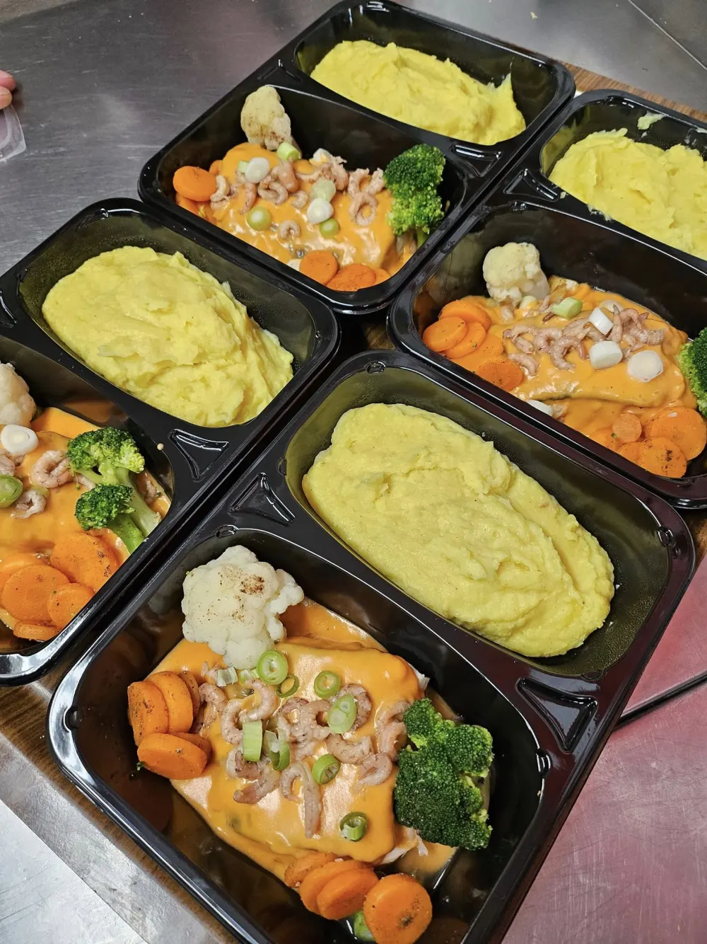 Barquettes repas : poisson sauce crevettes, légumes et purée